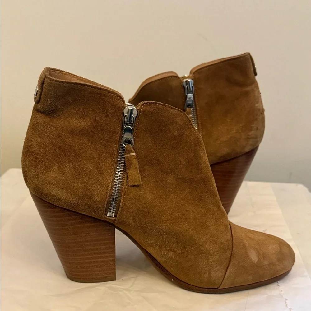 Rag & Bone Margot Tan Suede Side Zip Stacked Heel Ankle Boots Size 10